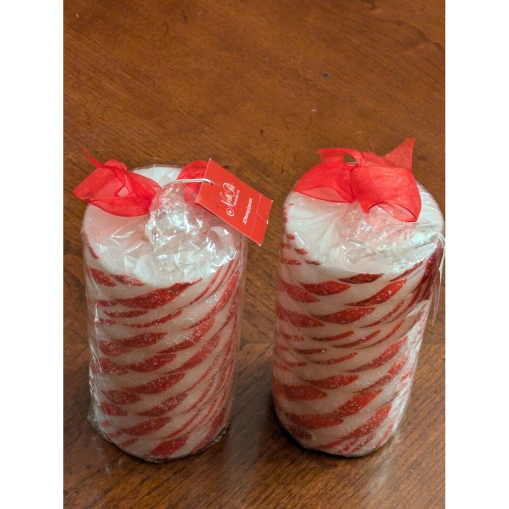 JC PENNEY Holiday Swirl Stripe Pillar Candles Lot of 2 3"x6"